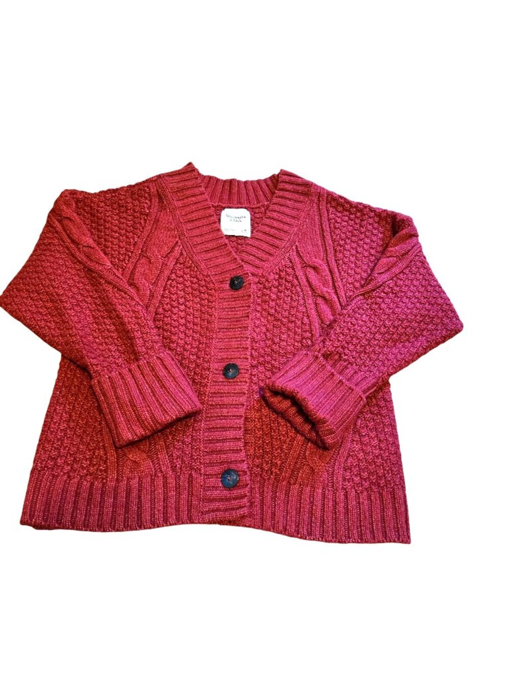 Abercrombie & Fitch Dark Red Button Front Cable-Knit Fisherman Cardigan Medium